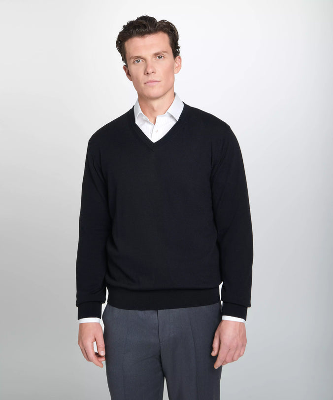 Black Merino Wool V-Neck Sweater