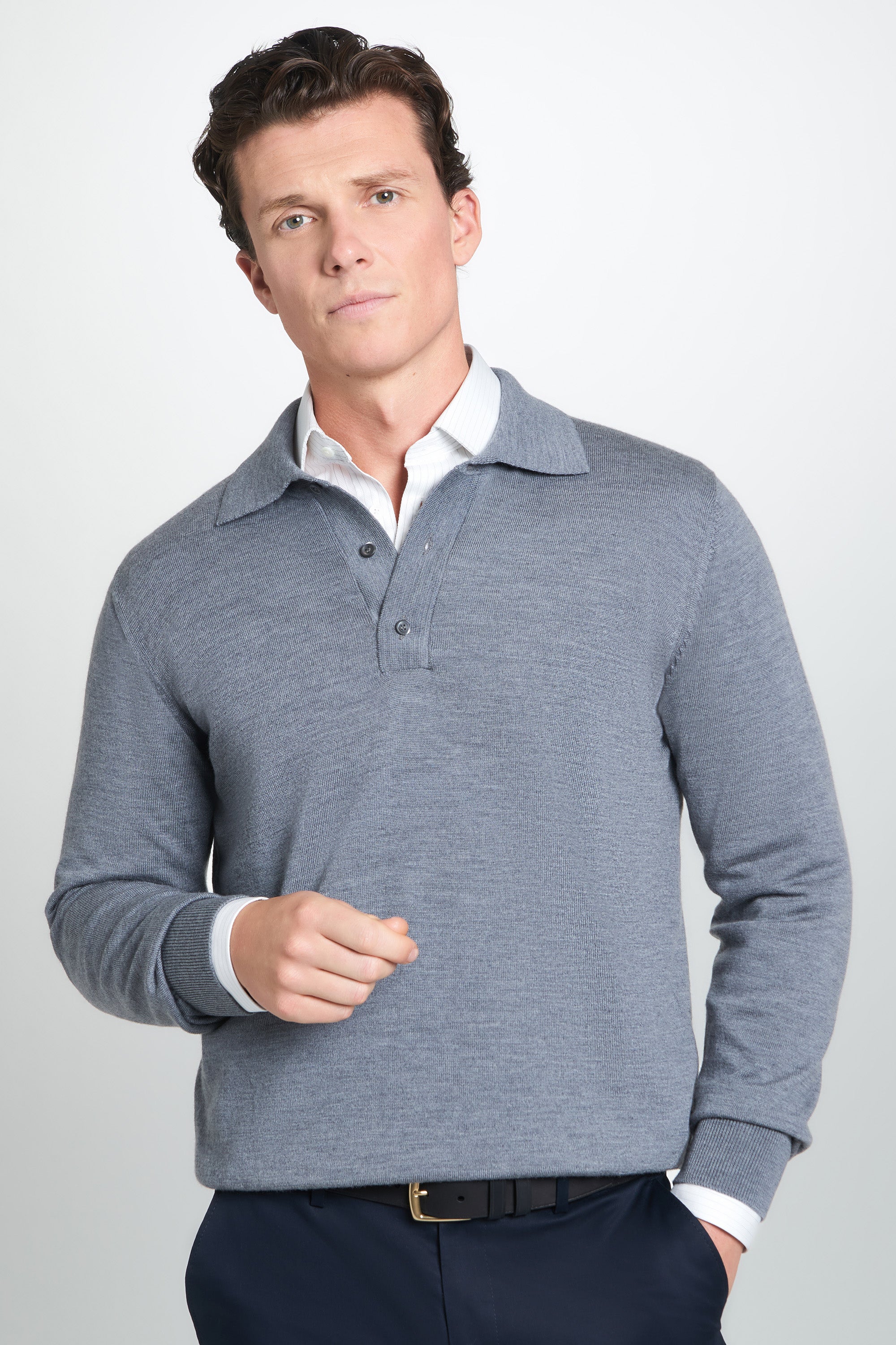 Pale Grey Merino Wool Long Sleeve Polo Shirt