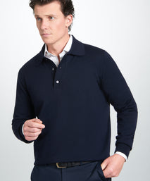 Navy Merino Wool Long Sleeve Polo Shirt