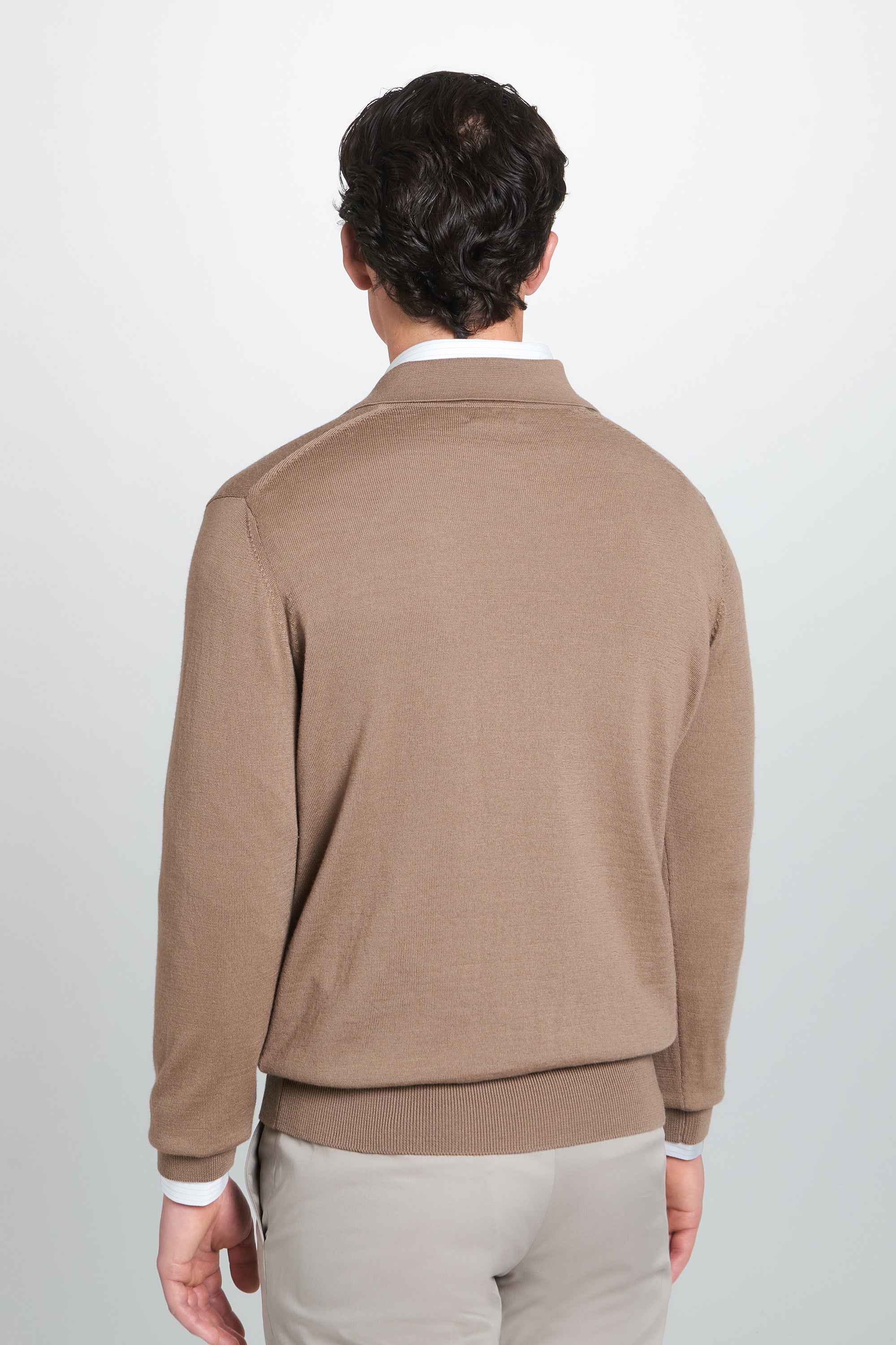 Camel Merino Wool Long Sleeve Polo Shirt