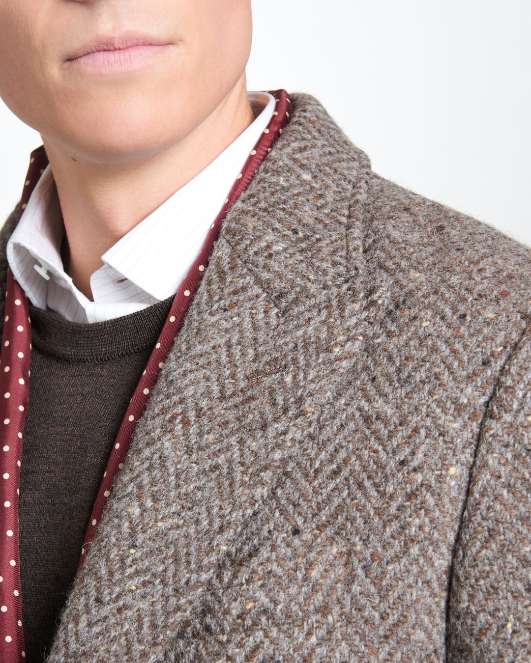 Brown British Wool Herringbone Peak Lapel Overcoat