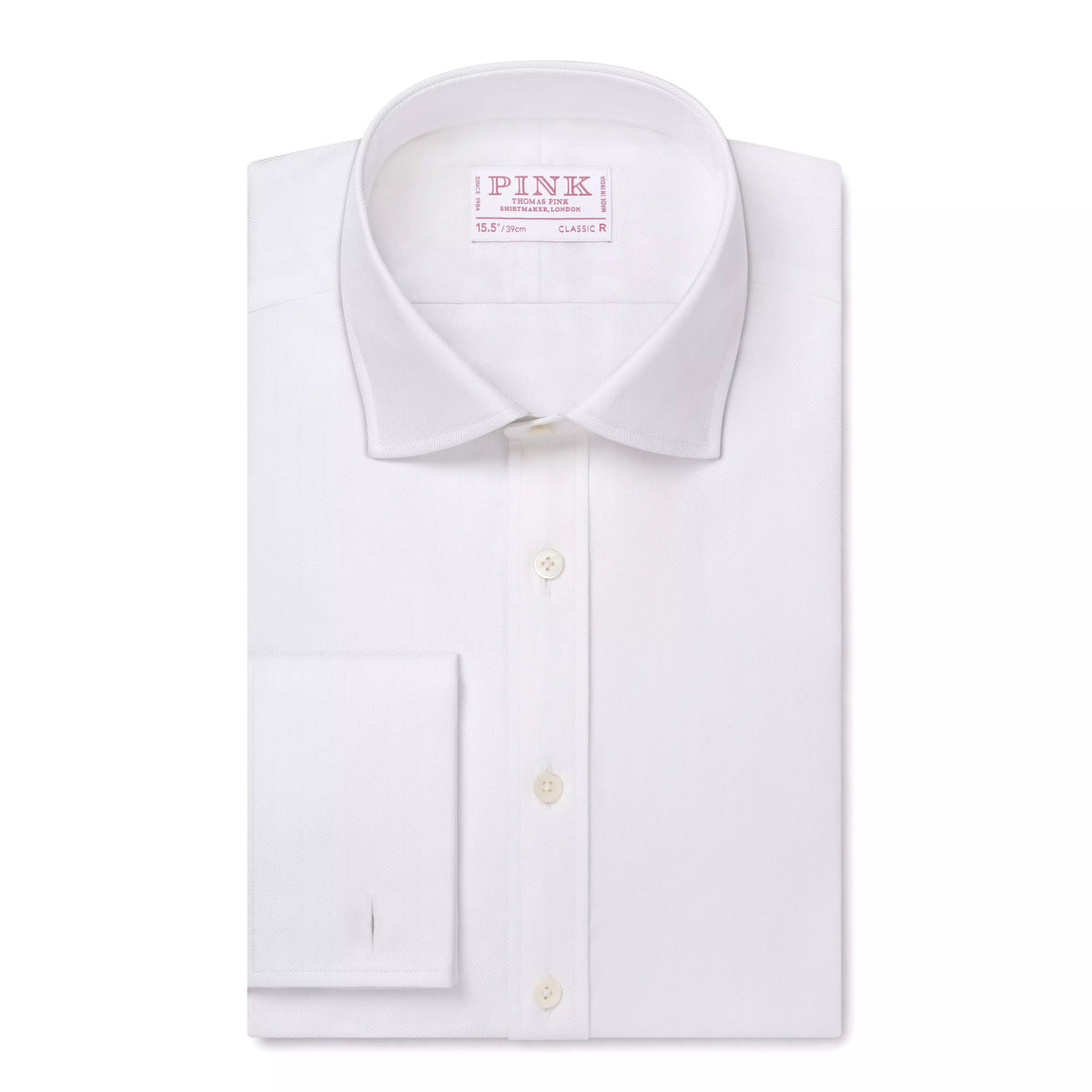 White Classic Fit Double Cuff Twill Herringbone Formal Shirt