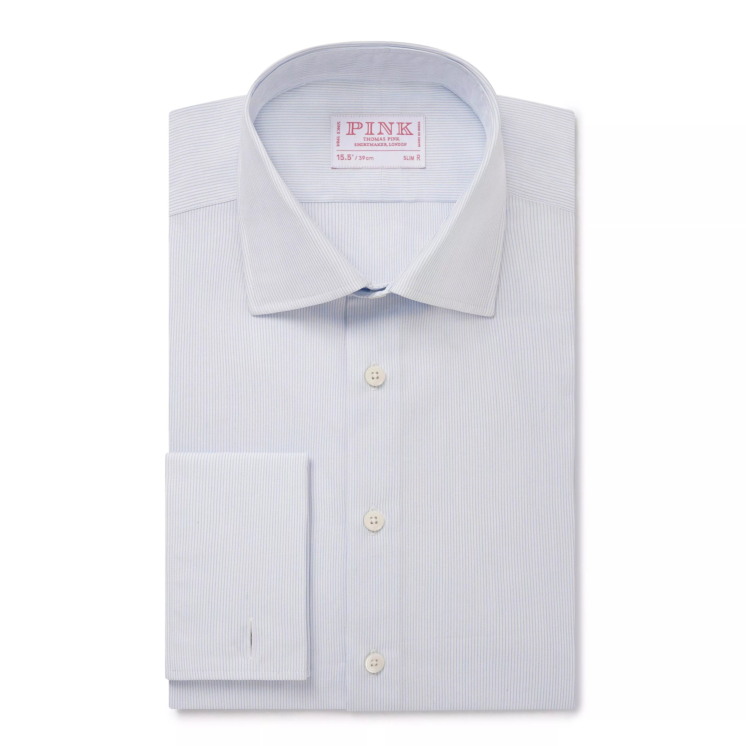 Pale Blue & White Slim Fit Double Cuff Pin Stripe Formal Shirt